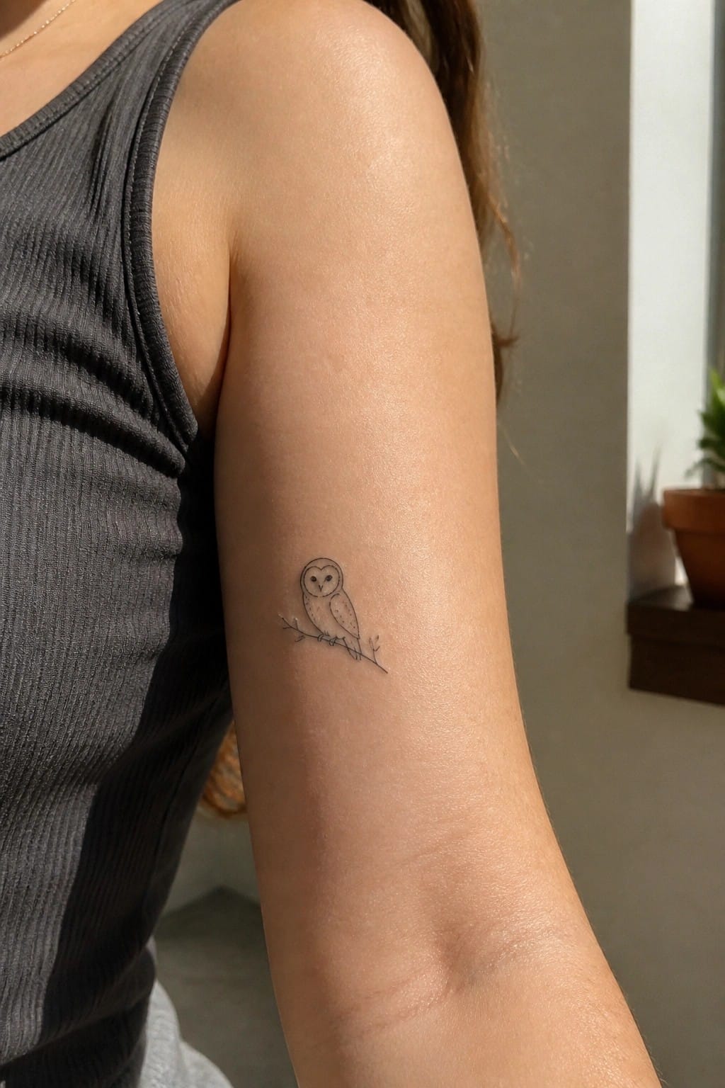Minimalist fine line owl tattoo on a woman's upper arm, perched on a thin branch with light dot shading on the body.