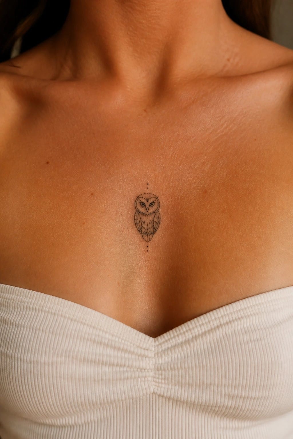 Minimalist fine line owl tattoo centered on the chest with small dots above and below