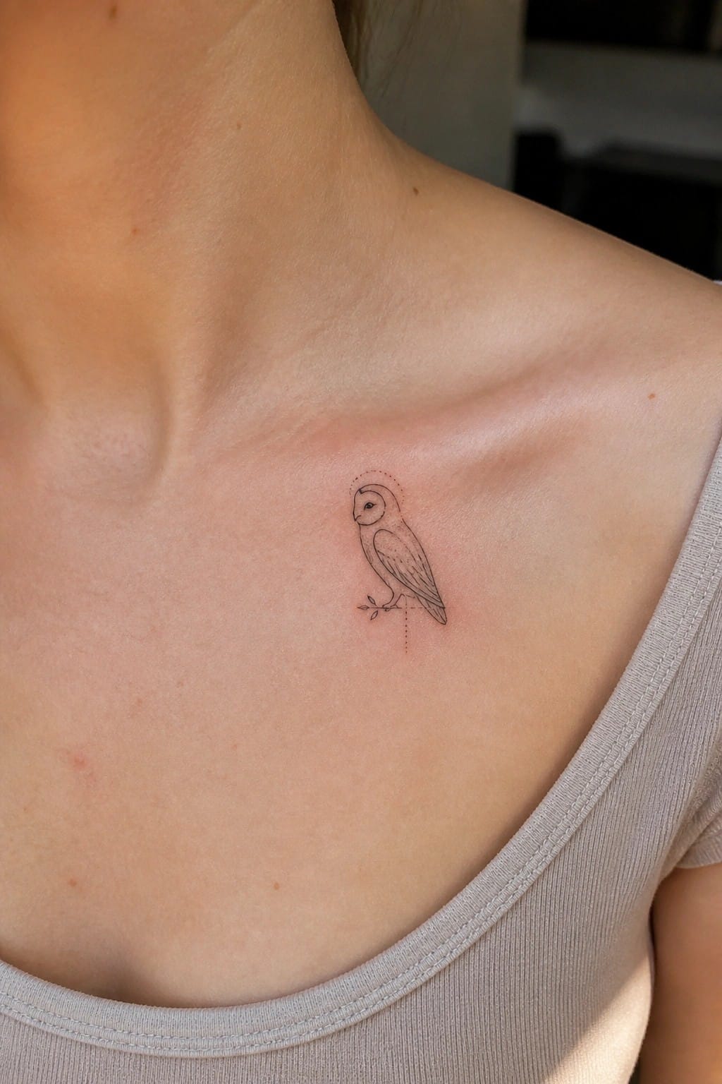 Delicate line-art owl tattoo on collarbone above light gray tank top