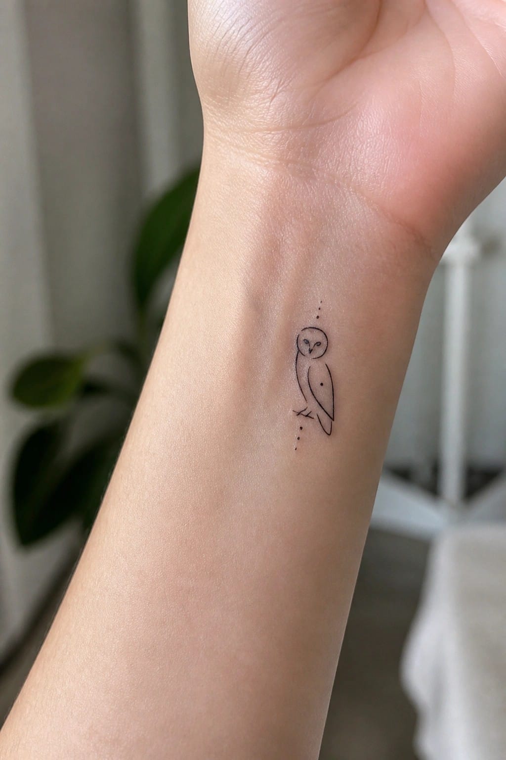 Minimalist fine line owl tattoo on the inner wrist with dotted lines framing the design above and below.