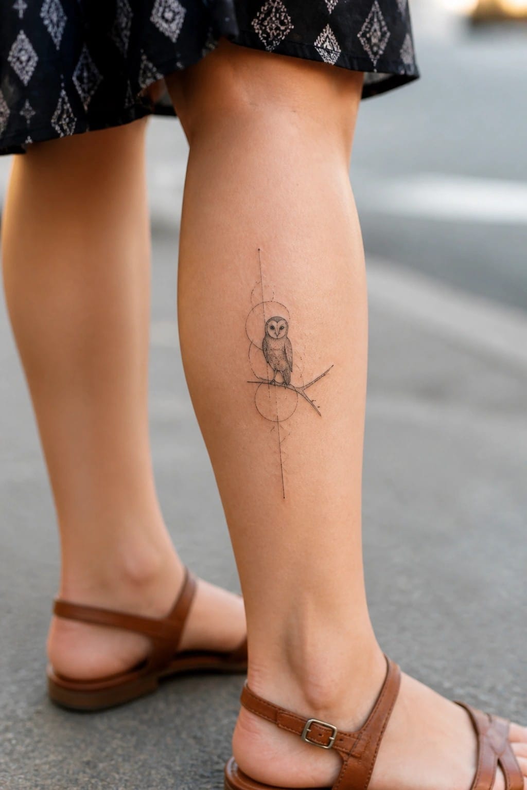 Minimalist fine line owl tattoo on a woman's shin, showing an owl perched on a branch with overlapping circles and a long vertical line.