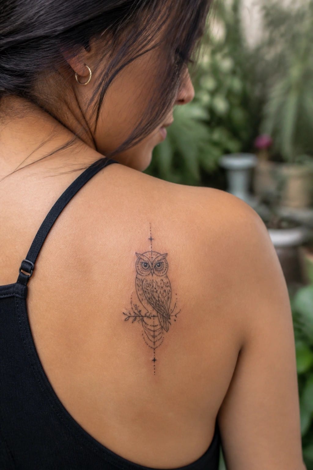 Woman in black tank top shows detailed owl tattoo on upper back with plants behind.