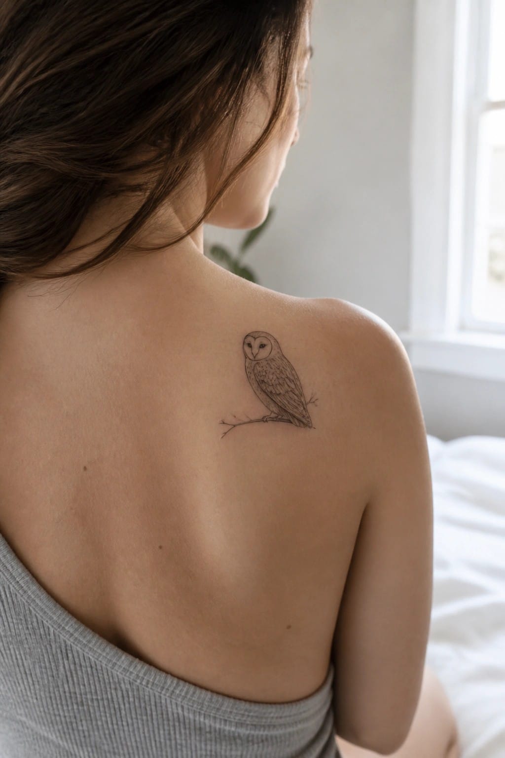 Minimalist fine line owl tattoo on a woman's upper back, perched on a small branch with clean outlines.