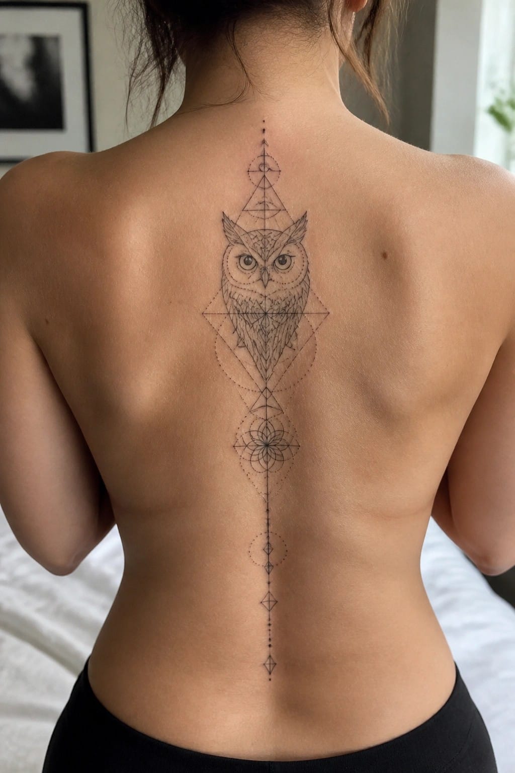 Woman's bare back with large geometric owl tattoo along the spine