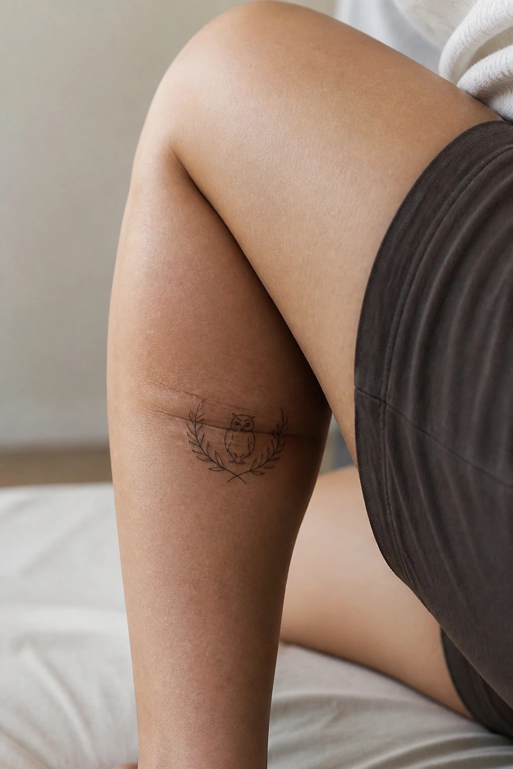 Owl and laurel tattoo on thigh in dark shorts on white bedding