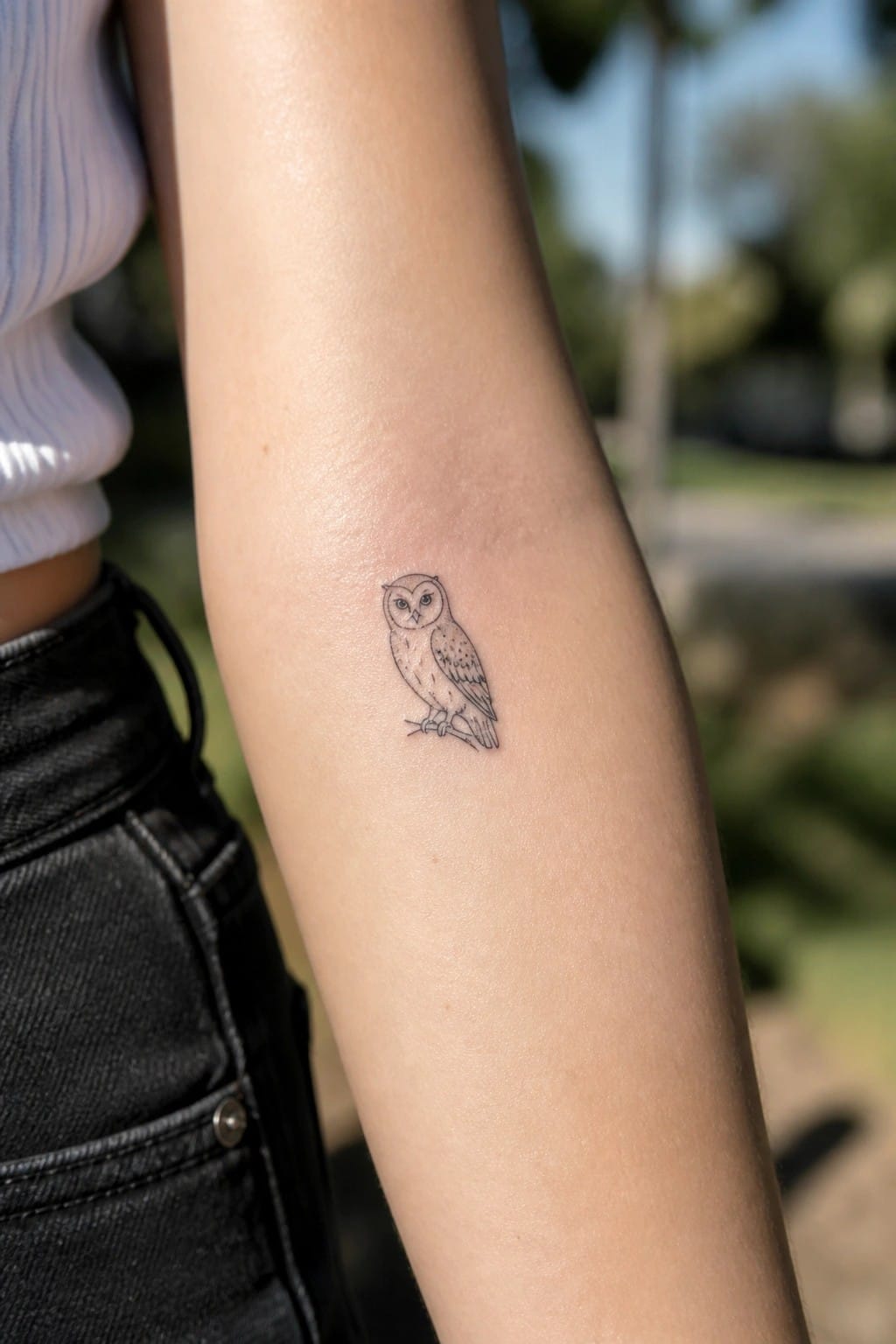 Small minimalist owl tattoo on the inner forearm done in clean fine lines.
