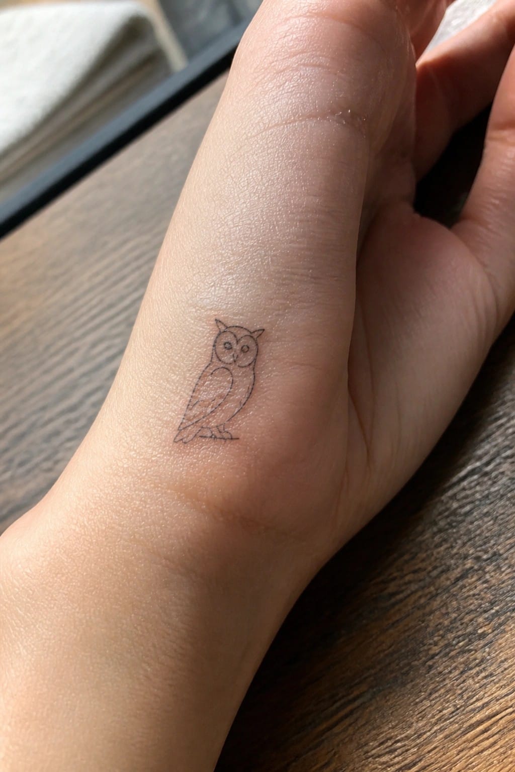 Small minimalist owl tattoo in clean fine black lines placed on the inner wrist.