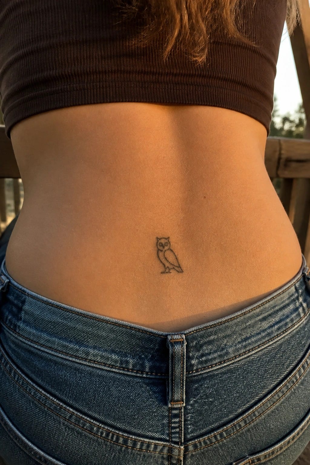 Small owl tattoo on lower back above blue jeans and brown crop top
