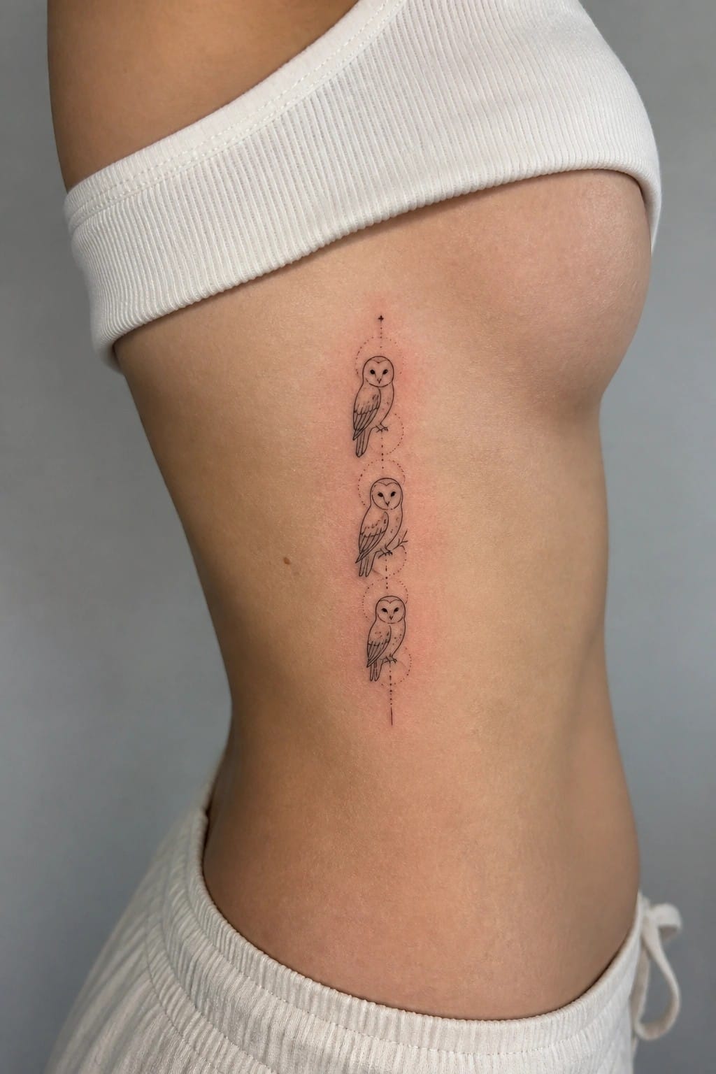 Three owls tattooed vertically on torso with dotted lines and circles.