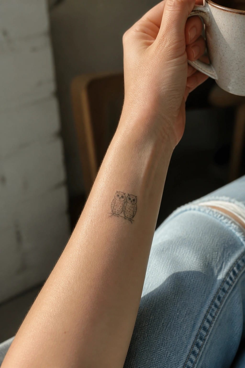 Wrist with two small owl tattoos holding a speckled ceramic mug in jeans.