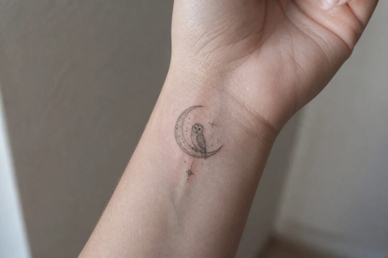 Fine line owl perched on a crescent moon with stars and geometric accents on the inner wrist