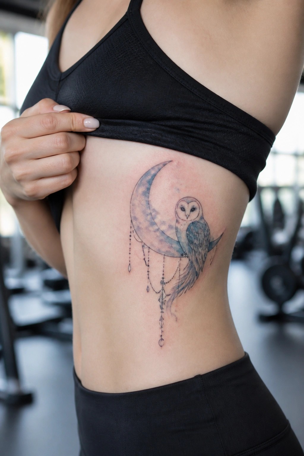 Woman lifting black sports bra to reveal owl-on-moon ribcage tattoo
