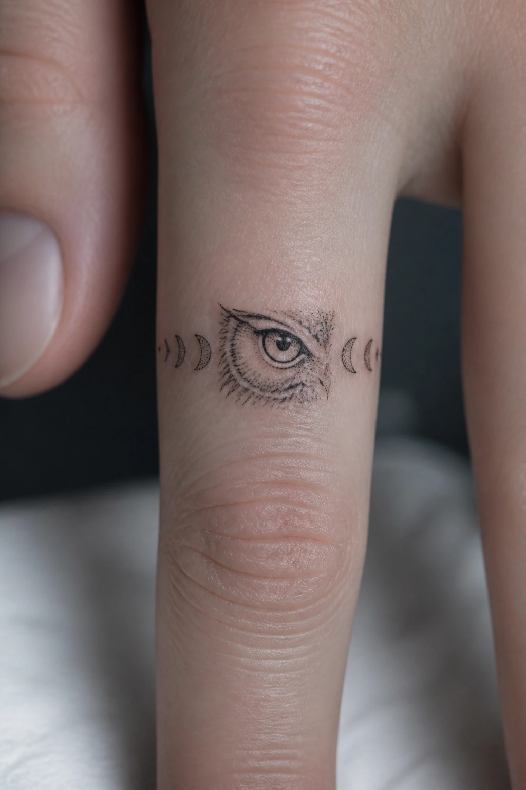 Close-up of finger with black ink eye tattoo flanked by moon phases.