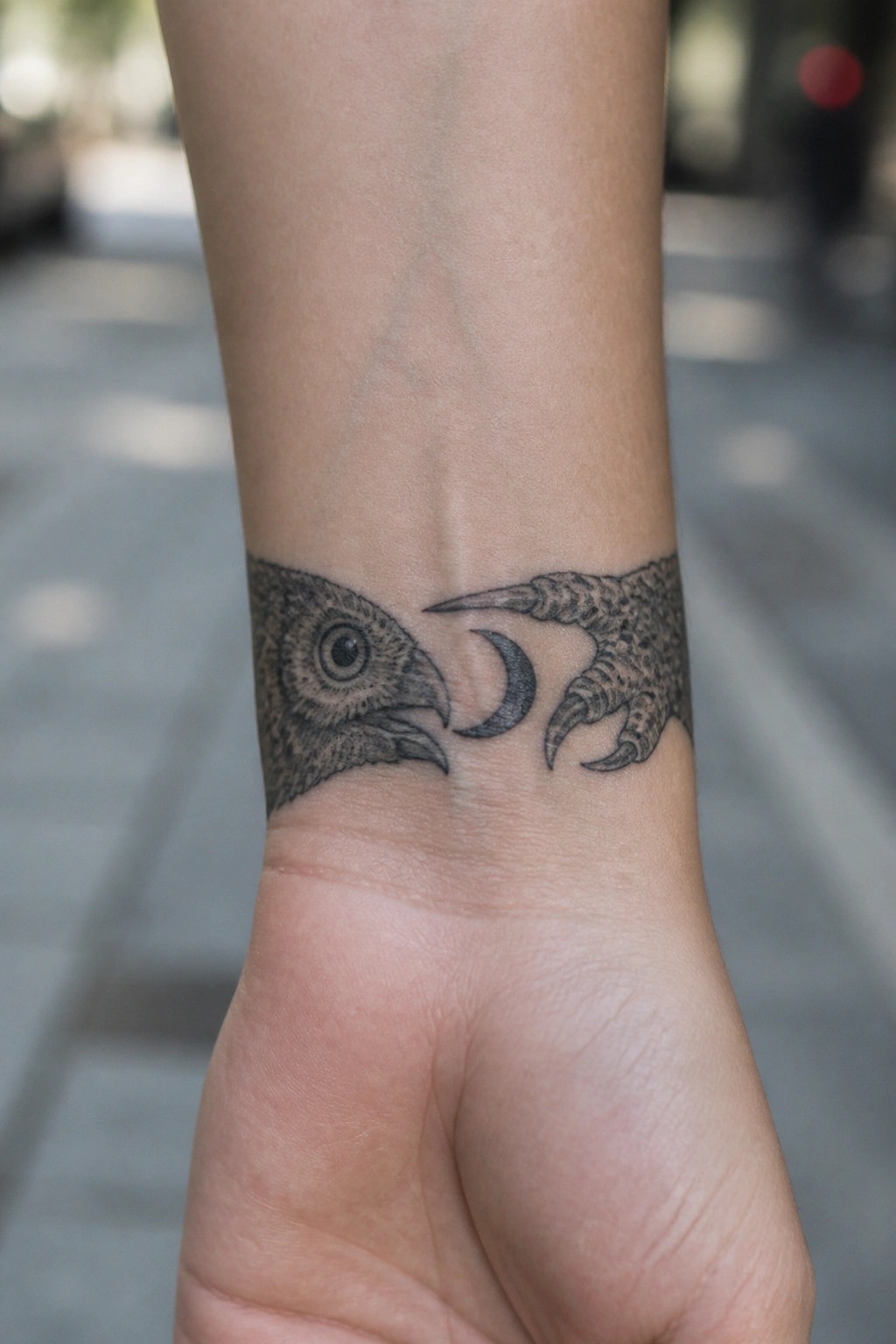 Realistic black-and-gray tattoo of owl head, crescent moon, and claw on wrist.