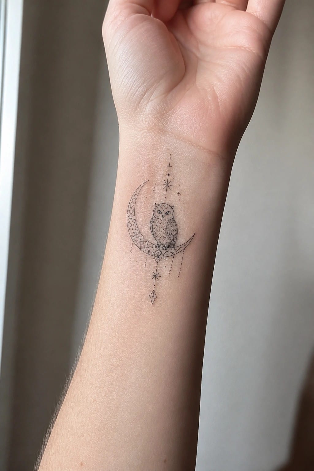 Fine line owl perched on a crescent moon with stars and geometric accents on the inner wrist