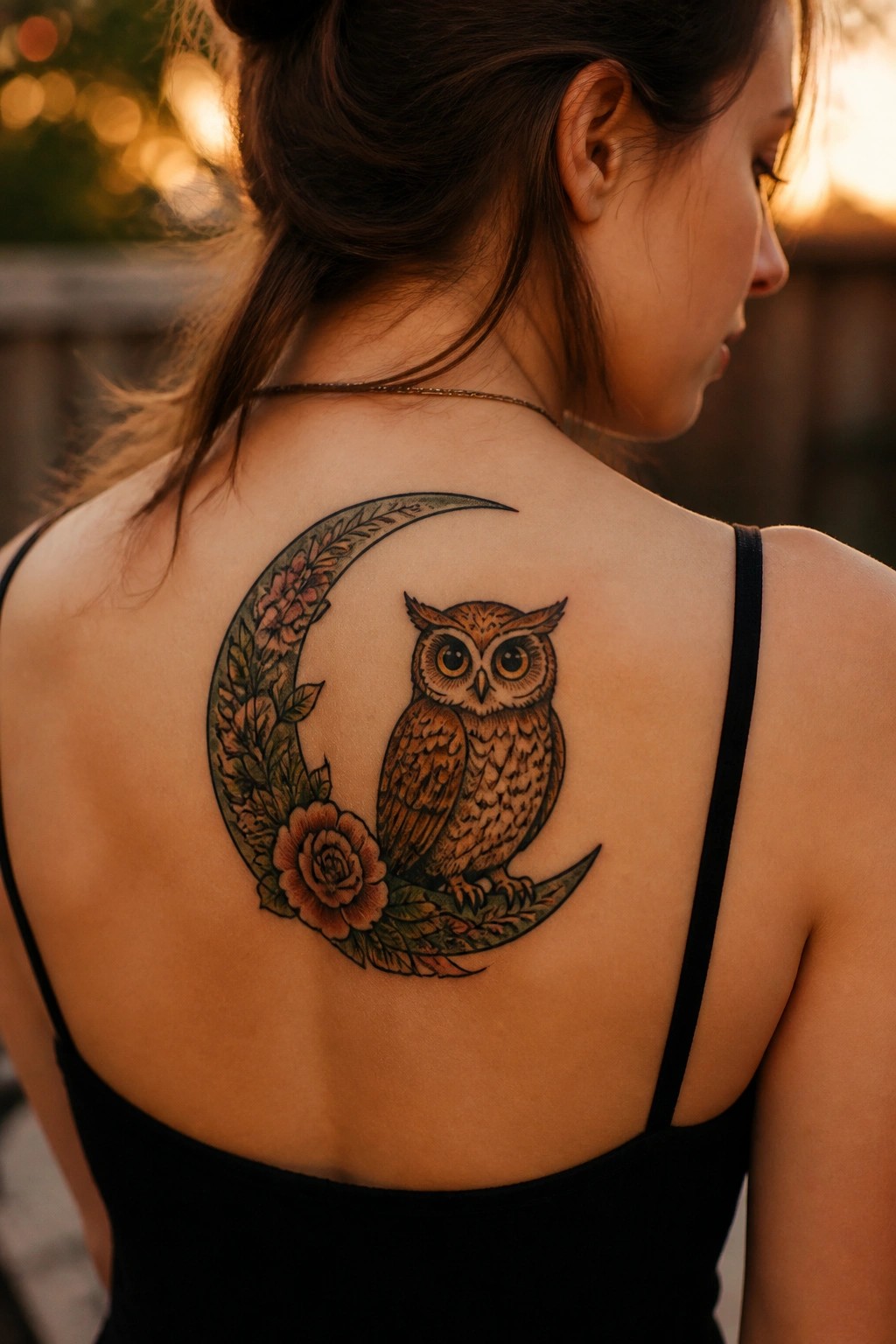 Woman in black top with owl on floral crescent moon tattoo across back