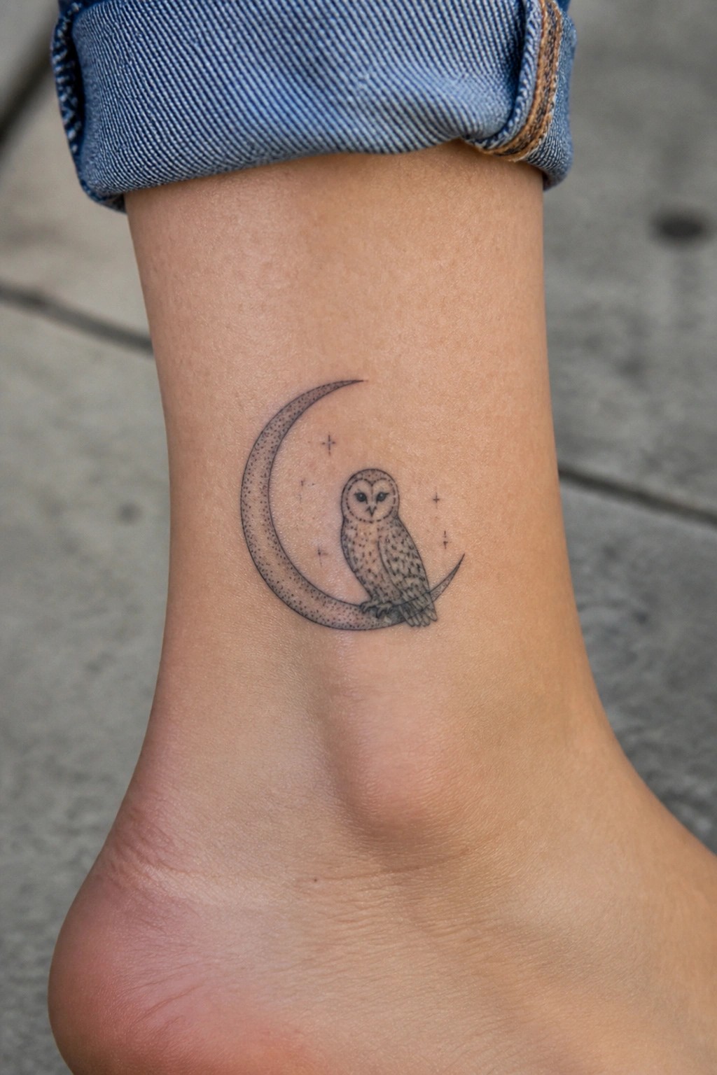 Fine line tattoo of an owl perched on a crescent moon with stars on the ankle