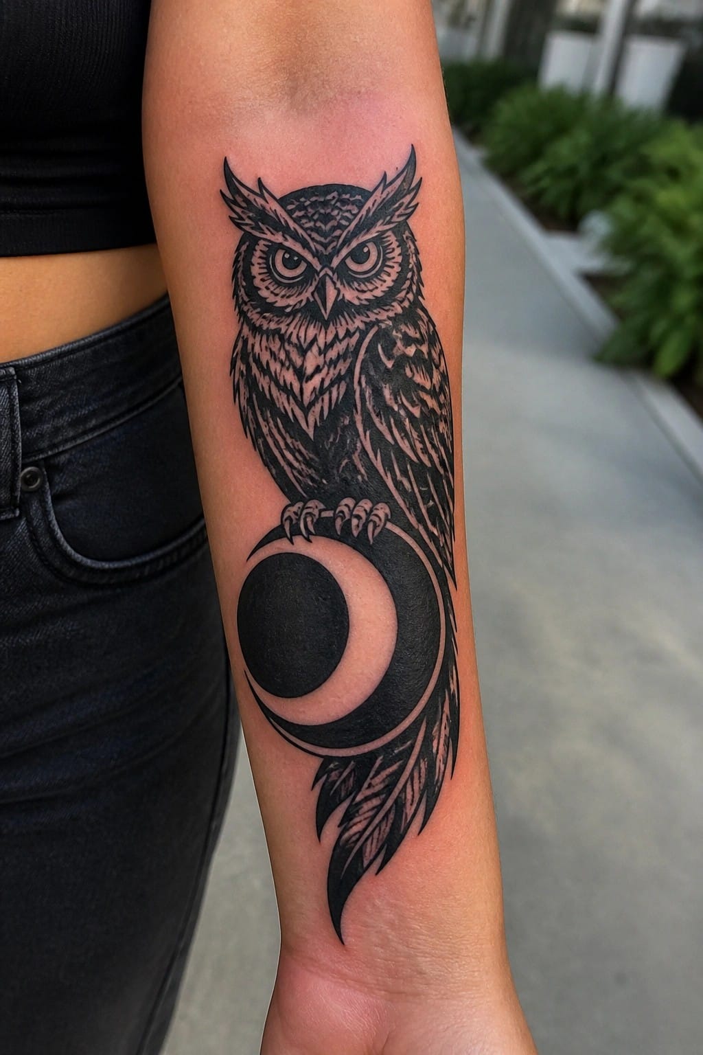 Black owl tattoo on forearm perched on crescent moon with feathers