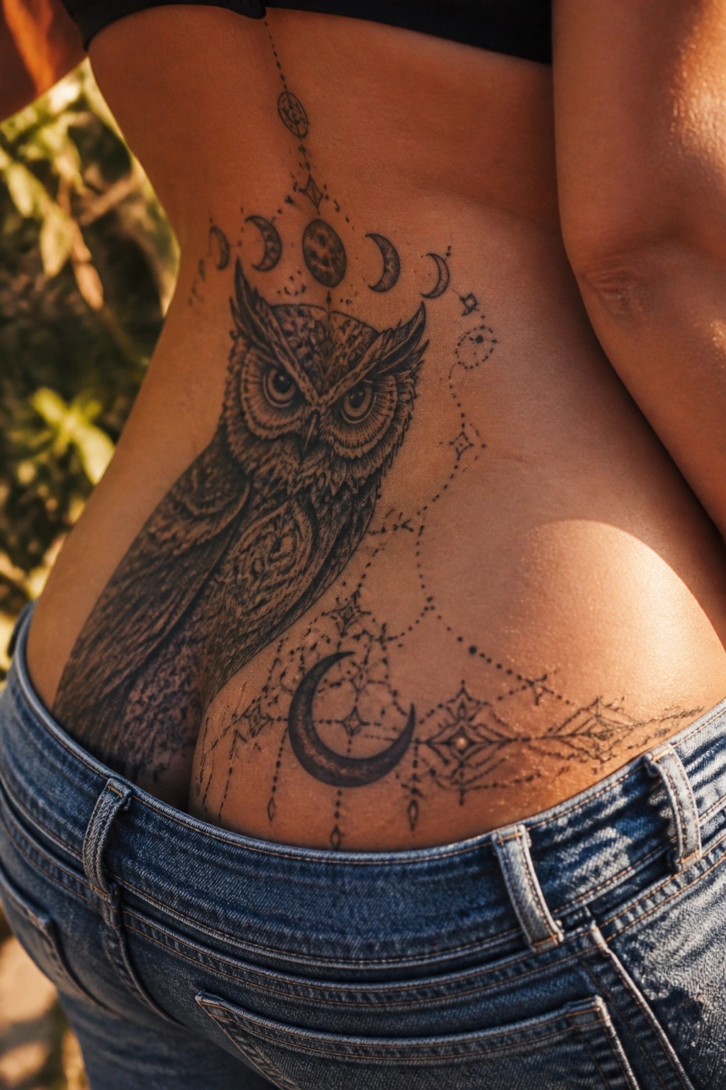 Black and grey owl tattoo with moon phases and dotwork on a woman's lower back above denim jeans