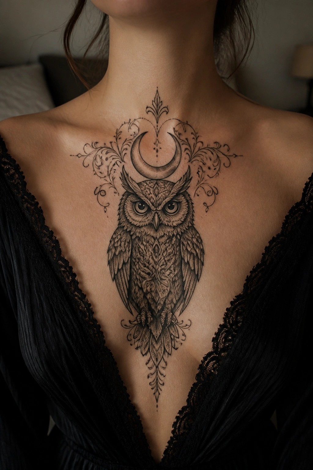 Ornate black owl and crescent moon tattoo on woman's chest in lace top