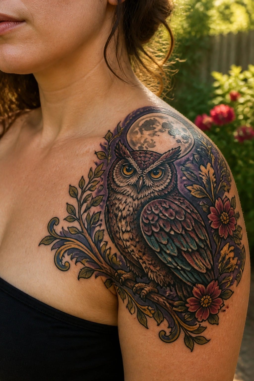 Colorful owl tattoo with moon and flowers on woman's shoulder in black top