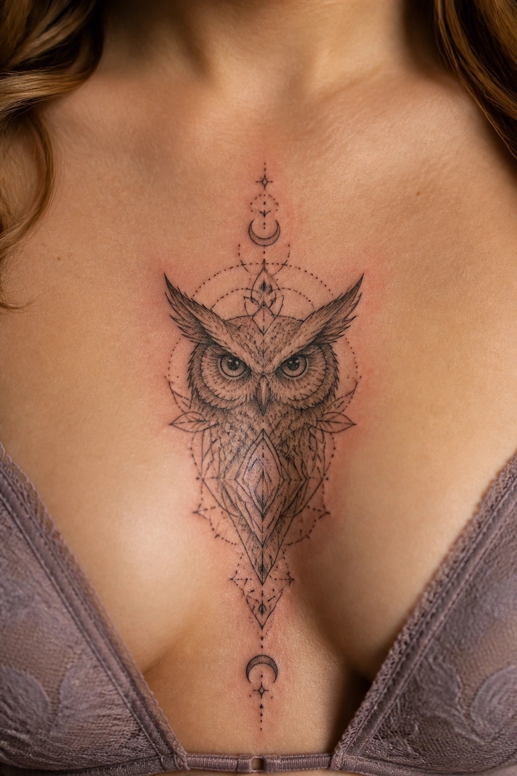 Geometric owl tattoo with moons and stars on chest above purple lace bra