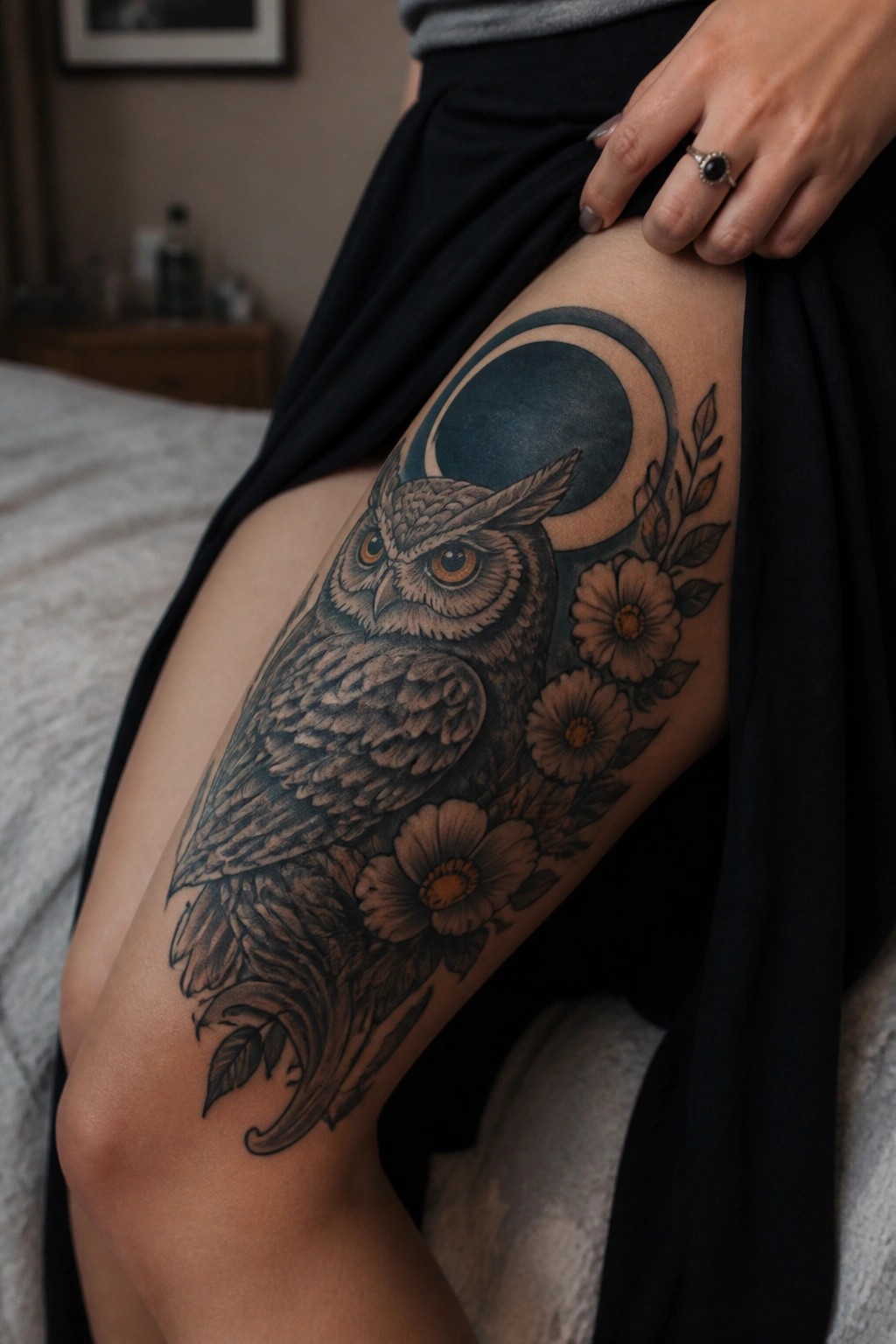 Owl tattoo with flowers and crescent moon on thigh, black fabric held by ringed hand.