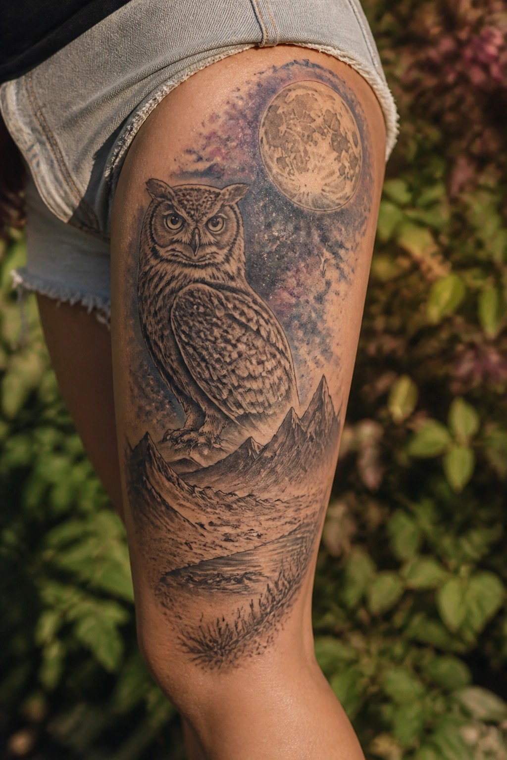 Owl tattoo on thigh with full moon over mountains, denim shorts visible.