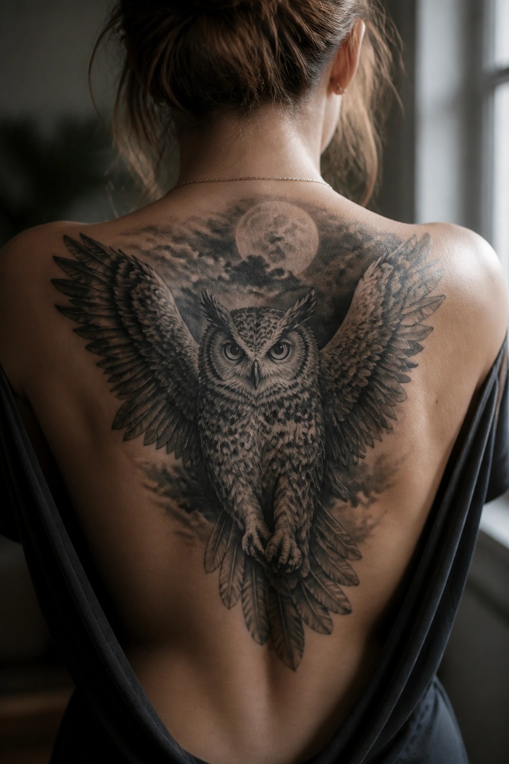 Woman's back with large detailed owl tattoo, spread wings, and full moon.