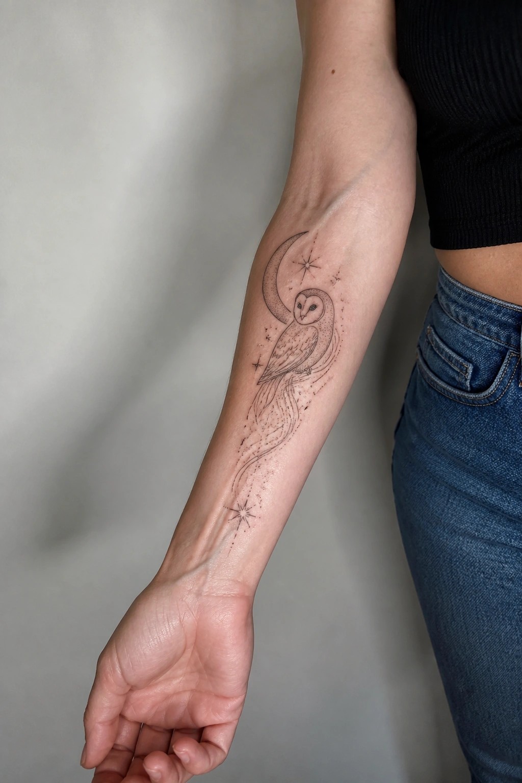 Woman's forearm with owl, crescent moon, and stars tattoo, black top, blue jeans