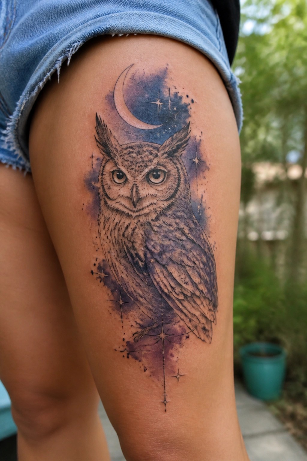 Owl tattoo with crescent moon and stars on thigh under denim shorts