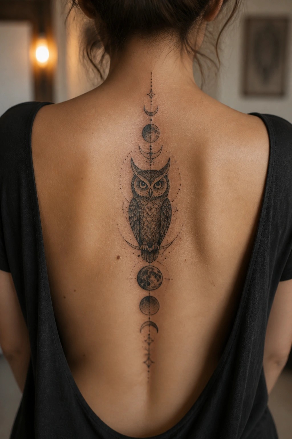 Black and grey tattoo of an owl centered on a woman's upper back with moon phases arranged vertically above and below it along the spine.