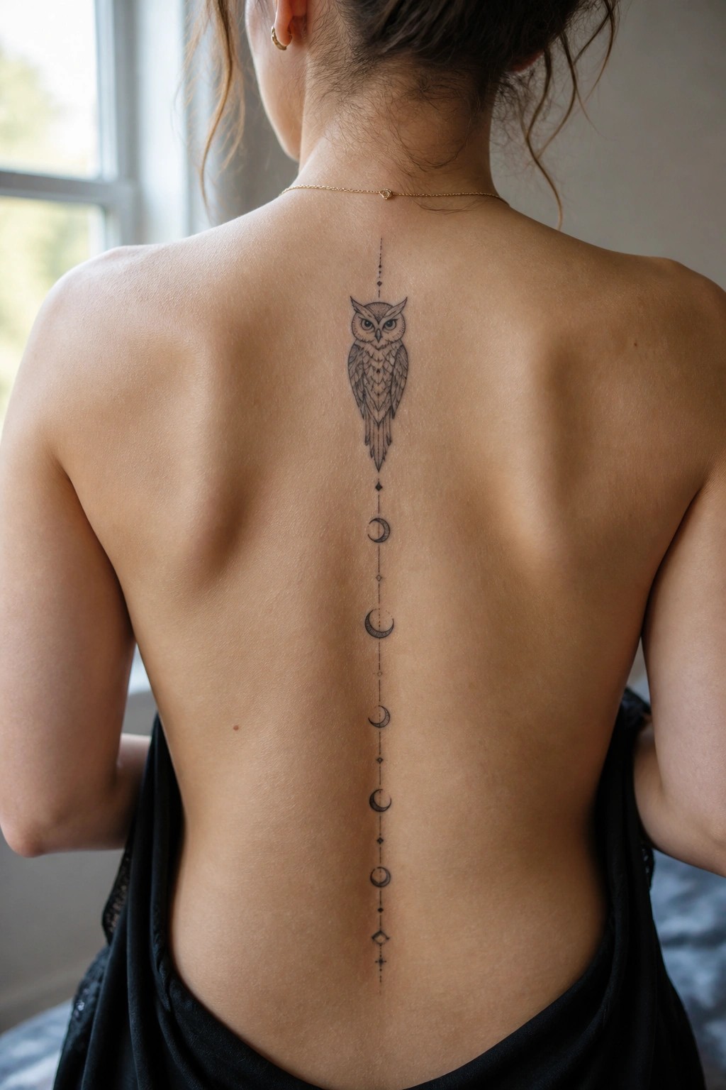 Woman's bare back with owl tattoo above moon phases along spine, black fabric draped below.