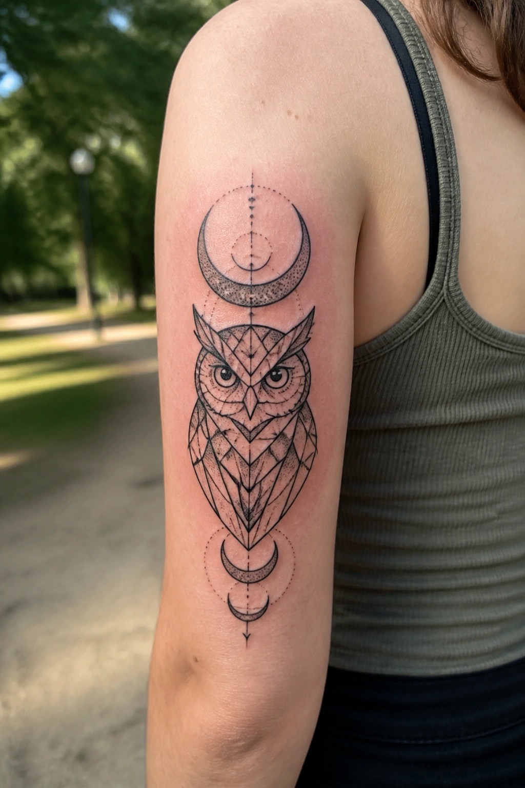 Geometric owl tattoo with moon phases on upper arm of person in gray tank top