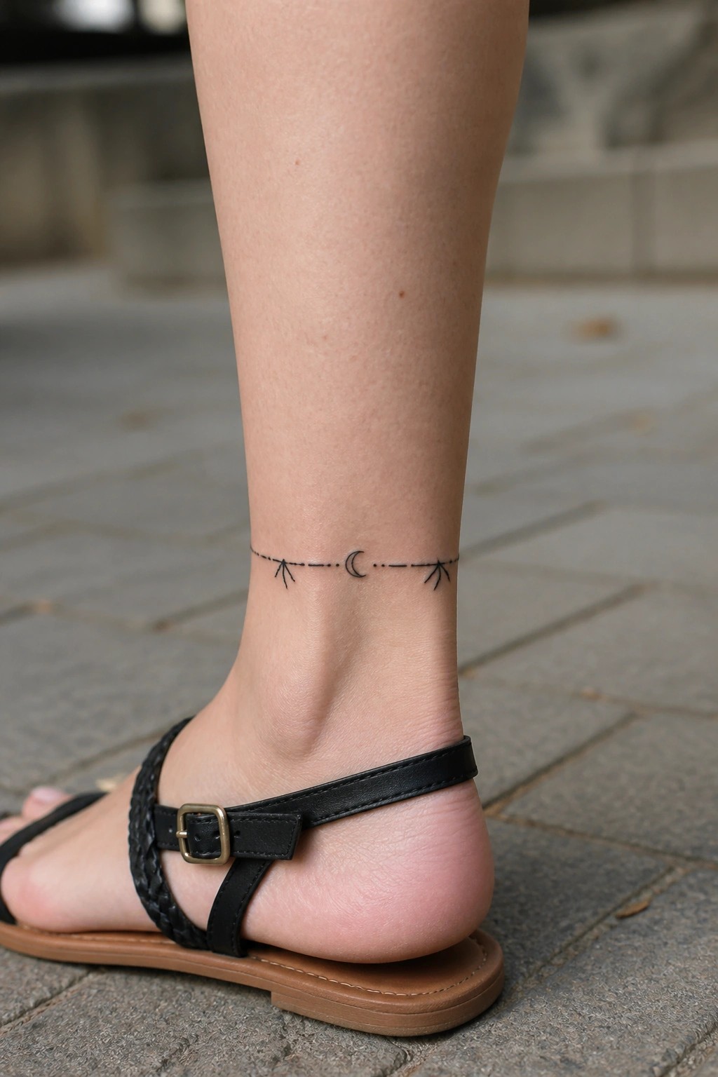 Minimalist crescent moon tattoo on an ankle with a dotted line and small symbols on either side, shown above a black sandal.