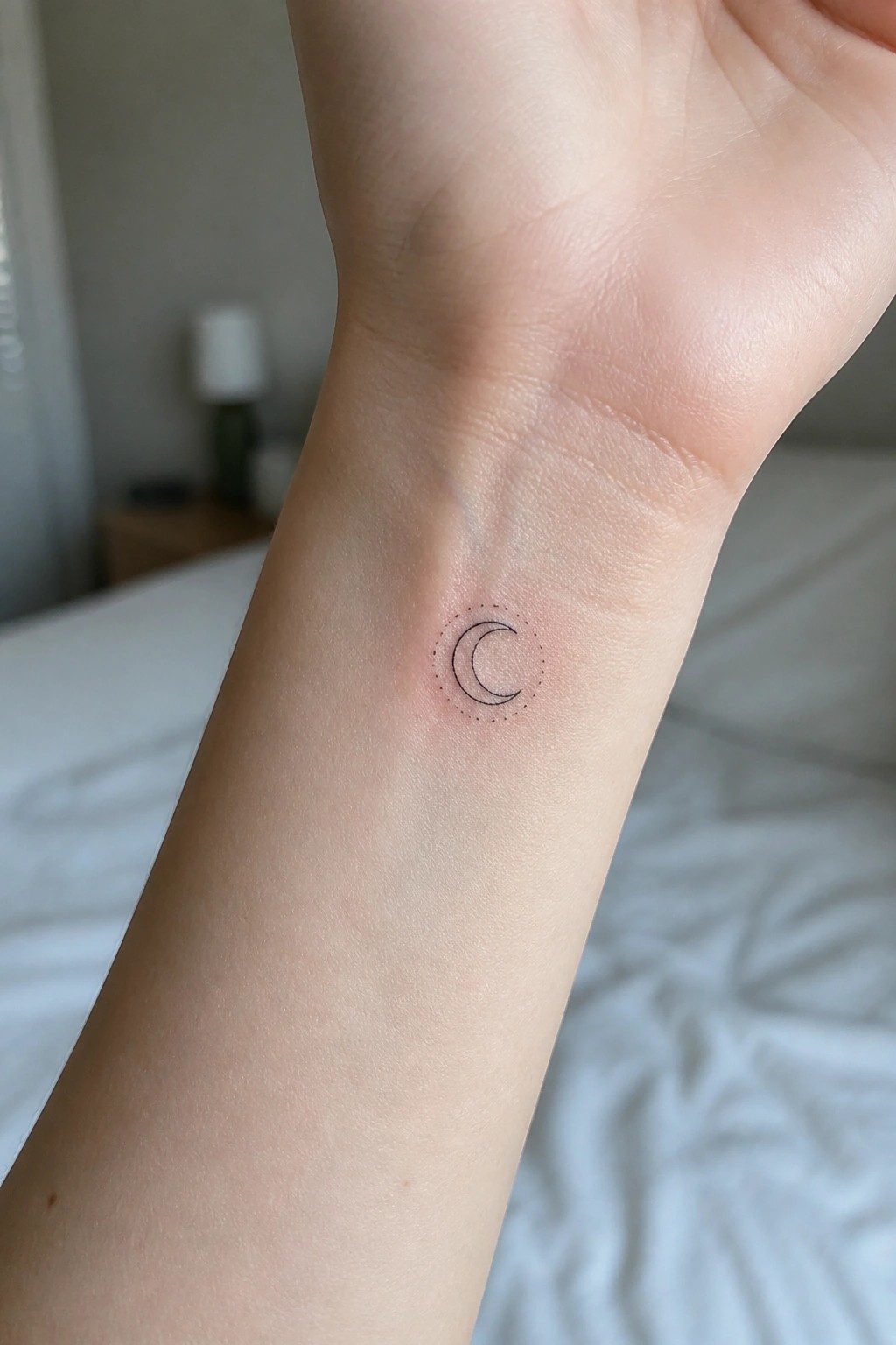 Small crescent moon tattoo with dotted circle on inner wrist in fine line style