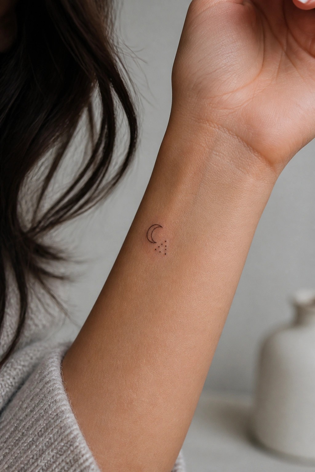 Wrist with crescent moon and dot tattoo, gray sweater sleeve visible.