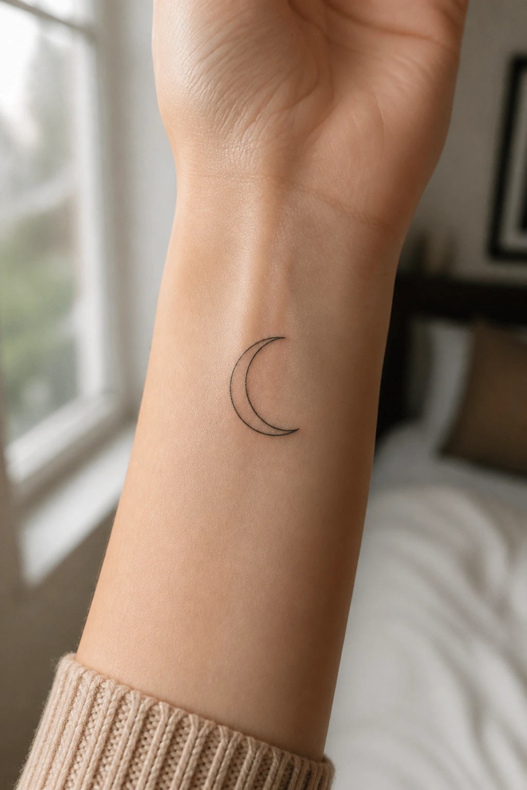Small crescent moon tattoo on wrist above beige knitted sweater cuff