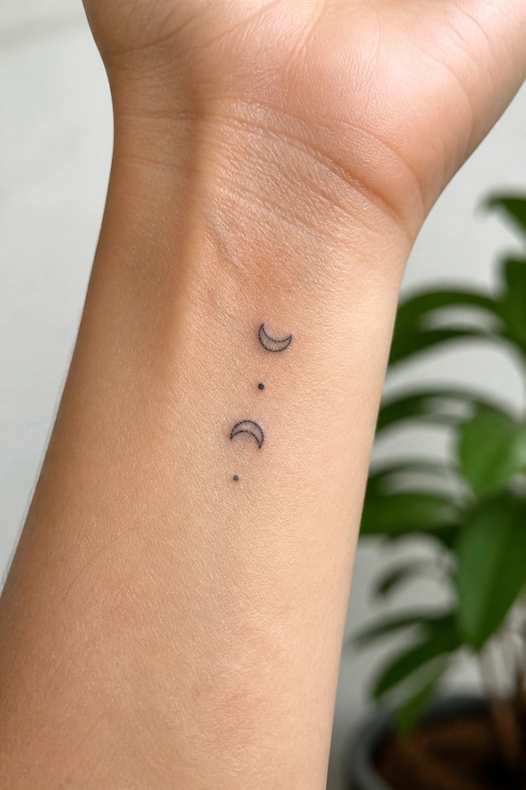 Wrist with black ink tattoo of two crescent moons and dots