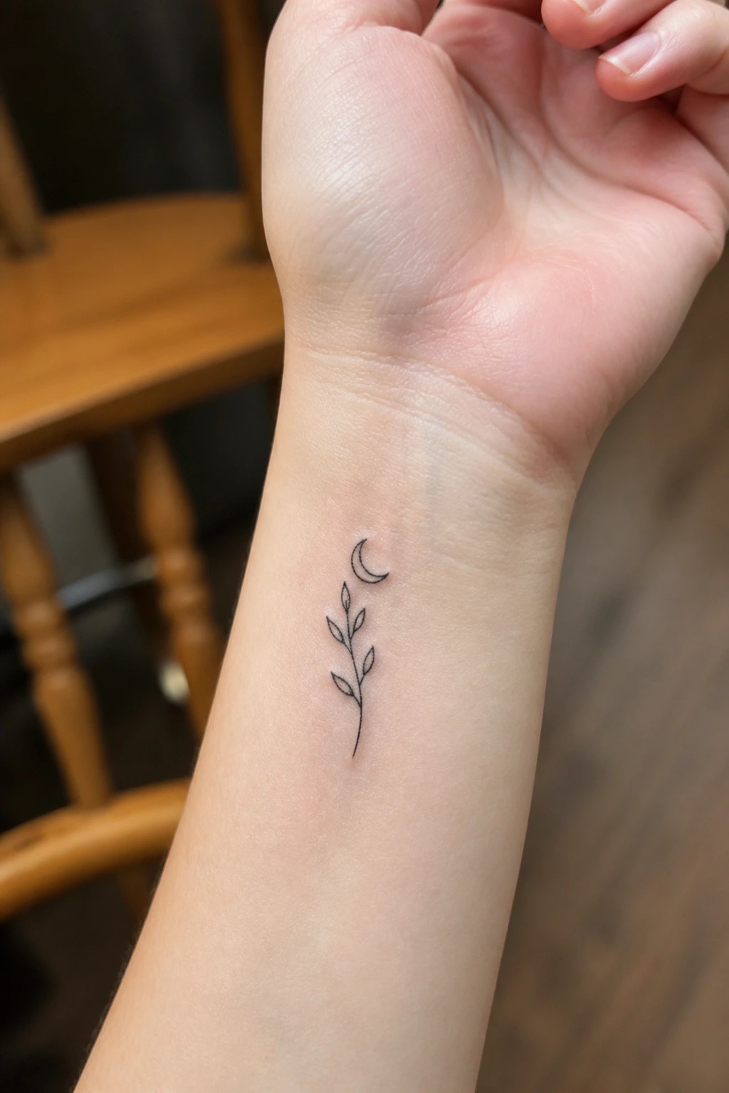 Small black fine-line tattoo of leafy branch and crescent moon on wrist.