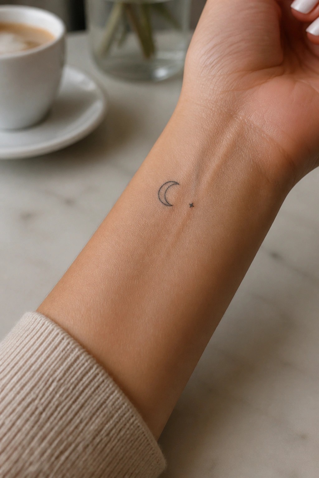 Wrist with crescent moon and star tattoo, beige sweater sleeve, coffee cup nearby.