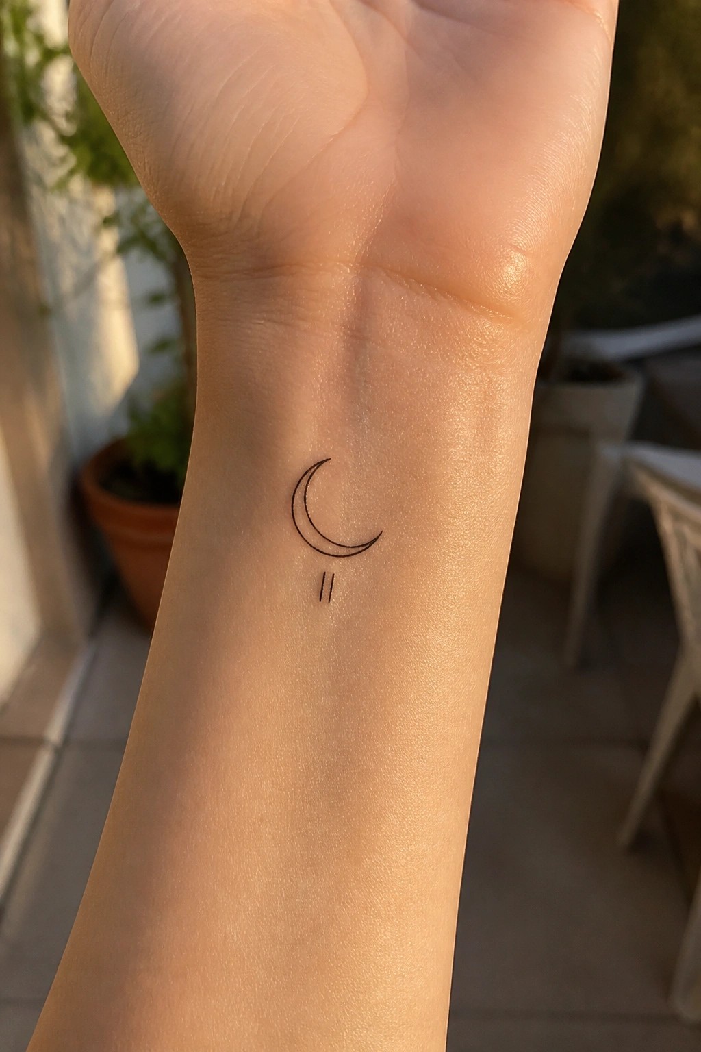 Small crescent moon tattoo with two vertical lines below it on the inner wrist in minimal black line style