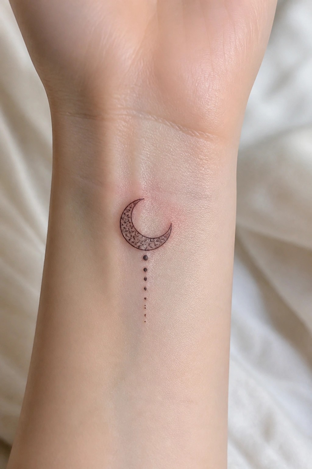 Small crescent moon tattoo with a vertical dotted line on the inner wrist in fine black ink.