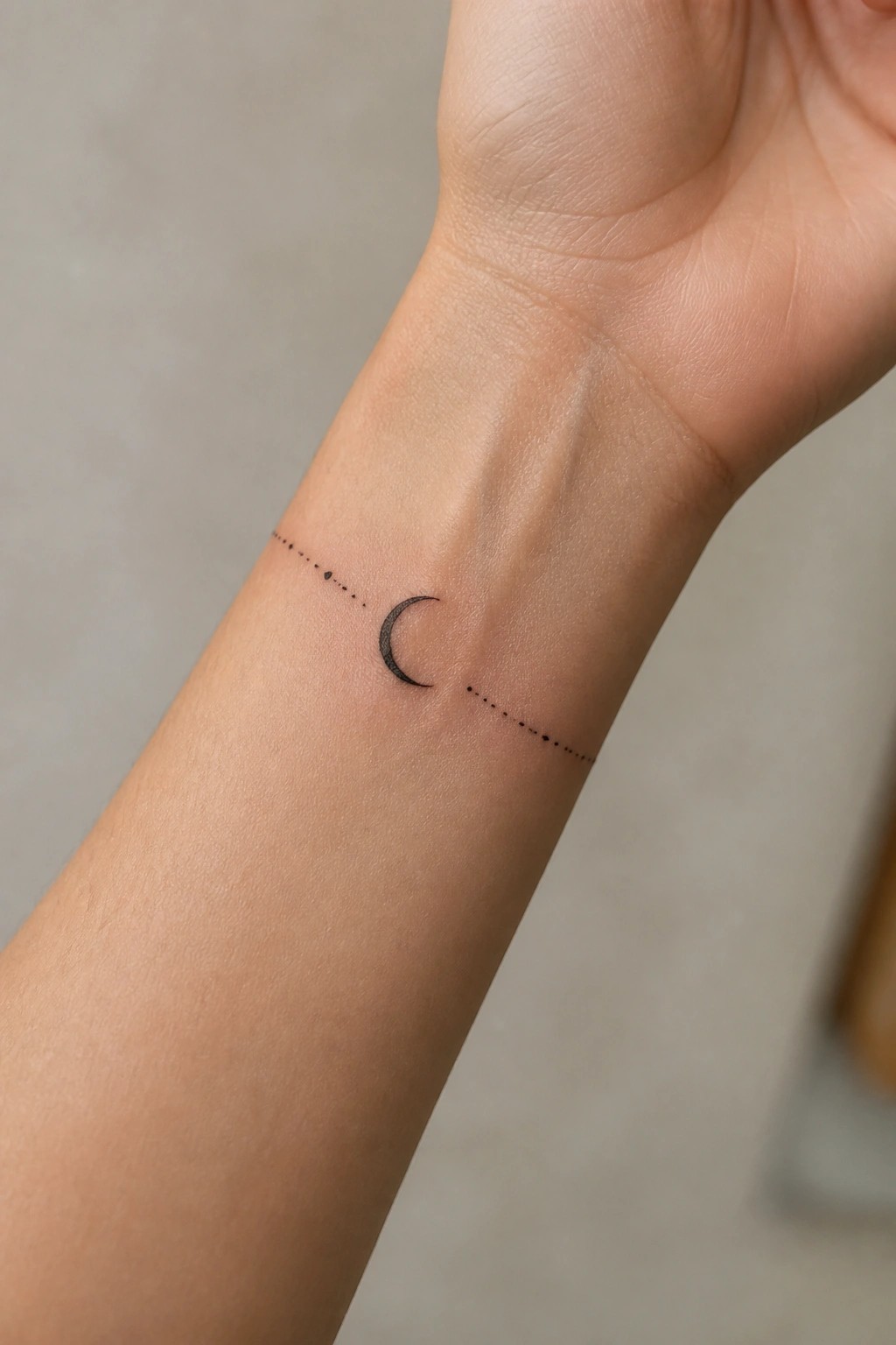 Minimalist crescent moon tattoo on the inner wrist with dotted lines extending horizontally on both sides in black ink.