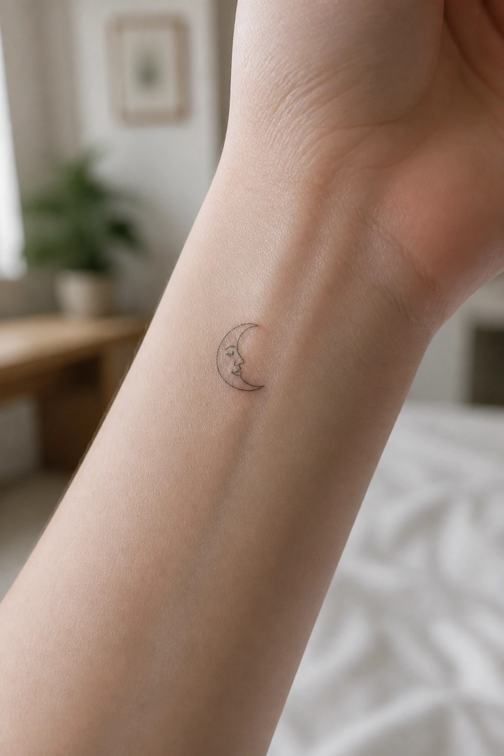 Small crescent moon face tattoo on light-skinned inner wrist