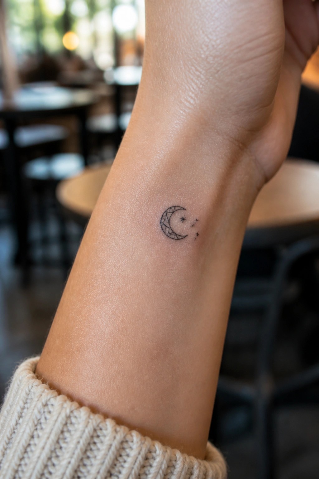 Wrist with small crescent moon tattoo and stars above beige knit sweater cuff in cafe