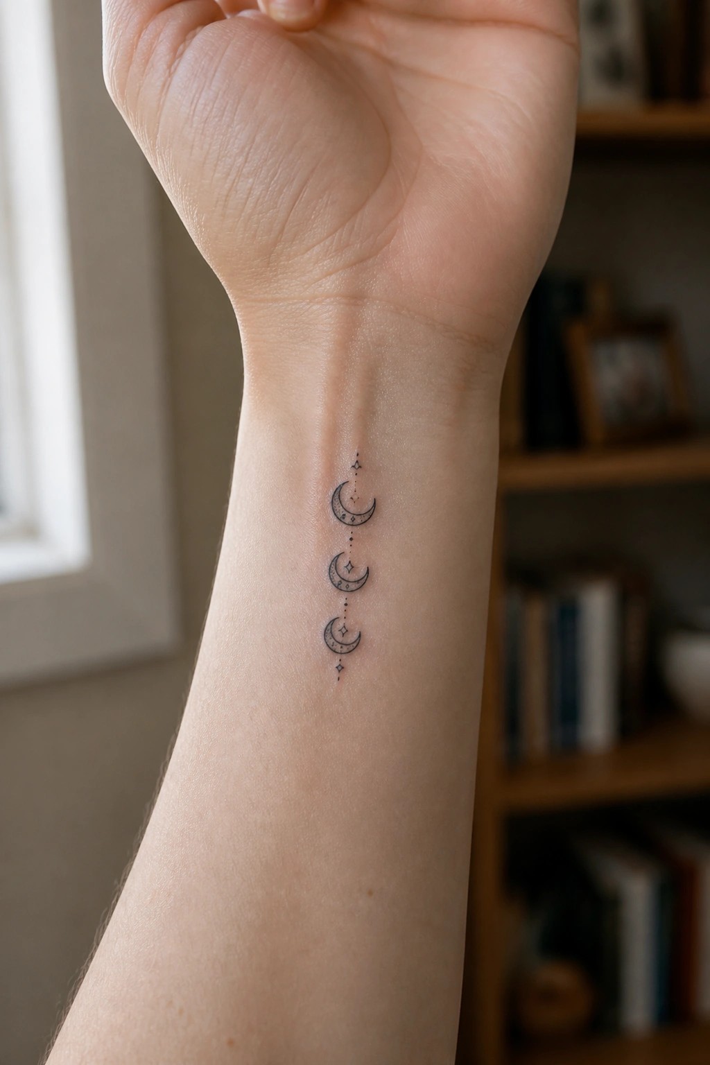 Minimalist black ink tattoo of three stacked crescent moons with dotted lines on the inner wrist.