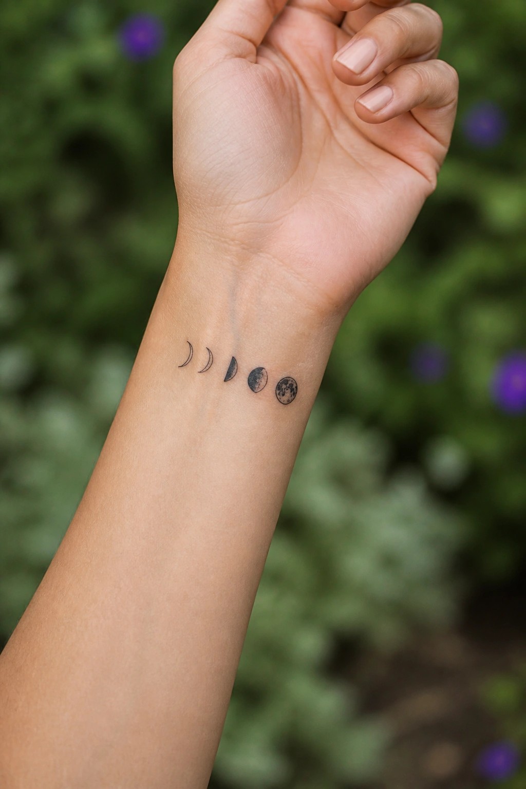 Small black ink tattoo of moon phases on the inner wrist, progressing from thin crescent to full moon in a simple horizontal row.