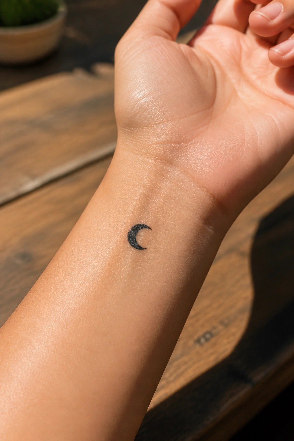 Black crescent moon tattoo on inner wrist over sunlit wood surface