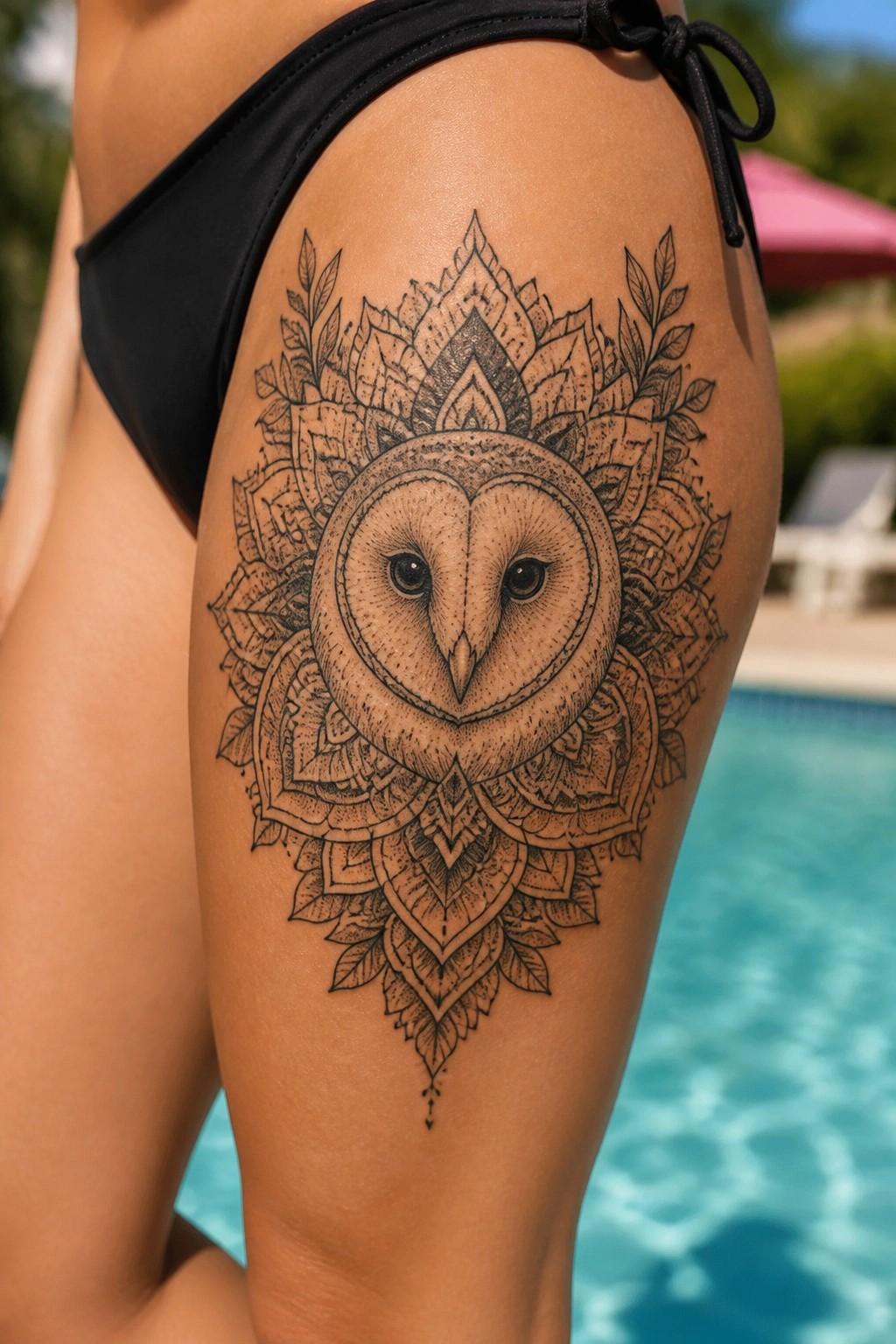 Barn owl tattoo centered in a mandala of leaves on a woman's upper thigh beside a pool